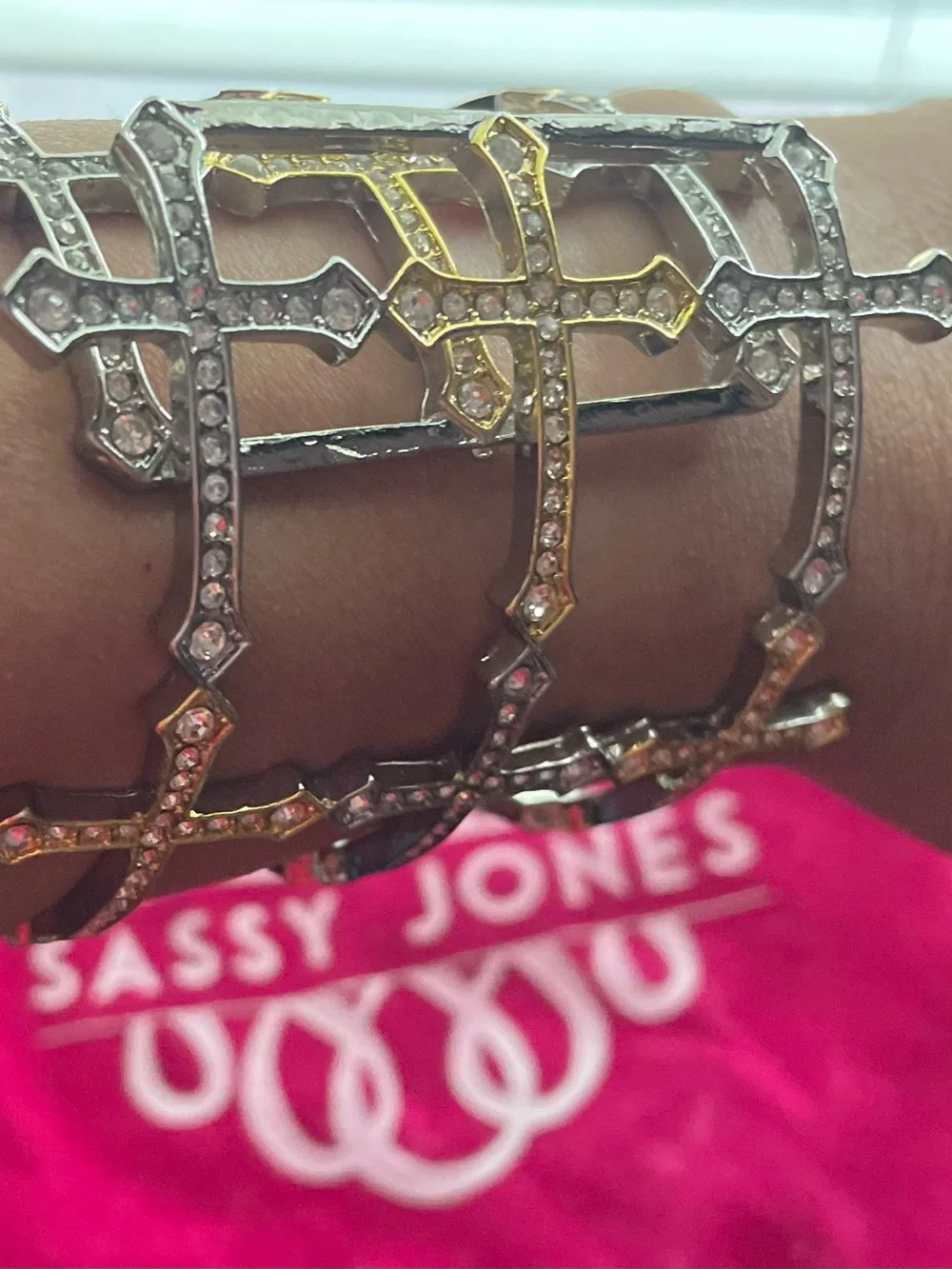 Sassy Jones Cross Motif Crystal Cuff Bracelet - Gold & Silver